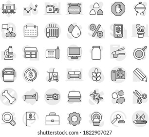 Editable thin line isolated vector icon set - bone vector, bed, garlic clasp, cleaner trolley, sponge, garbage pile, pan, bbq, jar, cereal, pencil, case, microscope, scissors, constellation, auction