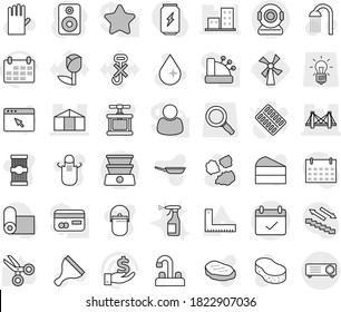 Editable thin line isolated vector icon set - bridge, greenhouse, terms, windmill, scraper vector, sponge, water drop, rubber glove, shower, garbage pile, tap, sprayer, camping cauldron, pan, apron