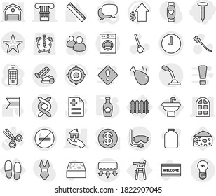 Editable thin line isolated vector icon set - nail, dna vector, column, barn, arch window, real estate, clock, starfish, diving mask, no smoking, sink, Chair for babies, radiator, slippers, ketchup