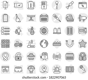 Editable thin line isolated vector icon set - list, calculator, megafon, medical thermometer vector, pills blister, harness, sperm, calendar, stadium, geo pin, confidential, life vest, cruise ship