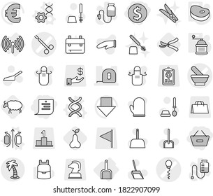 Editable thin line isolated vector icon set - dollar coin, remove from basket, shopping list, mortar vector, sperm, surgical clamp, measuring tape, palm, wireless, scoop, magnetic field, dna, edit