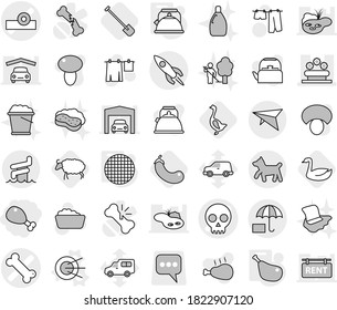 Editable thin line isolated vector icon set - chicken leg, head reflector vector, bone, skull, flower bed, insurance, rocket, deltaplane, aquapark, dog, satellite, kettle, sieve, shovel, goose, car