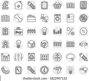 Editable thin line isolated vector icon set - add to basket, percent, equalizer, info, bone vector, brain, bridge, pencil, 3d, smart house, fence, bulb, blocks, connect, eggplant, washer, cake, buy