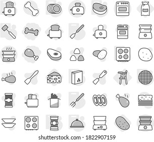 Editable thin line isolated vector icon set - chicken leg, bone, Chair for babies, toaster, spatula, big fork, meat hammer, hob, plates, sieve, meal cap, cereals, pasta, steake, flour, potato, oven