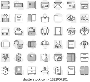 Editable thin line isolated vector icon set - unlock, shop, box, mail, window, door, package, documents, vector, book, copybook, archive, japanese candle, office, umbrella, share, 24 7, delivery