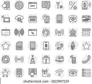 Editable thin line isolated vector icon set - add to cart, mobile pay, star, spark plug, phone, goverment house, location, trailer, checking, wireless, vector, laptop wifi, touchscreen, sim card