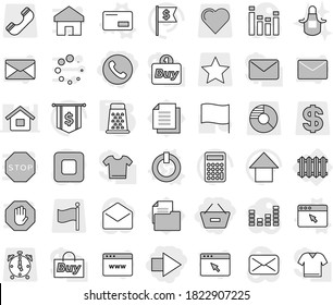 Editable thin line isolated vector icon set - remove from basket, right arrow, phone, radiator, on off button vector, envelope, browser window, grater, apron, flag, calculator, up, dollar, document