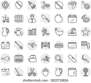 Editable thin line isolated vector icon set - calendar vector, district, level, plane, terms, starfish, surfer, key, water tap, chef knife, scissors, shovel, rake, sickle, seedling, fence, chicken