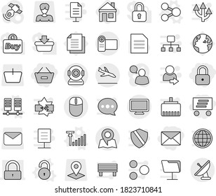 Editable thin line isolated vector icon set - remove from basket, lock, delivery, mail, arrival, map, share vector, server, unlock, antenna signal, house, document, earth, pointer, woman, satellitie