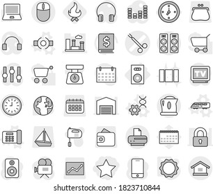 Editable thin line isolated vector icon set - star, surgical clamp vector, city, watch, speaker, connect, speed train, office phone, dna edit, induction oven, fire, clean window, scales, mixer, boat