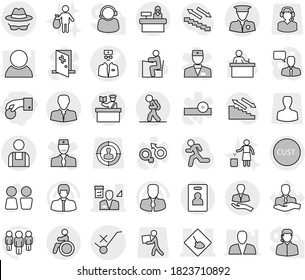 Editable thin line isolated vector icon set - hand coin, doctor vector, under construction, architector, client, customs, do not trolley sign, security man, workman, confidential, tourist, inspector