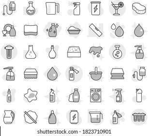 Editable thin line isolated vector icon set - cleanser, potion bottle vector, level, chemical, cocktail, drop, washing, ladle, measuring cup, sponge, splotch, liquid soap, sprayer, cleaning agent