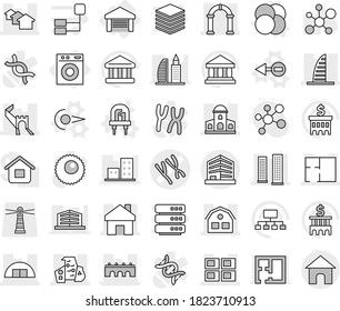 Editable thin line isolated vector icon set - chromosomes vector, greate wall, bridge, home, mansion, skyscrapers, skyscraper, houses, hangare, modern architecture, panel house, plan, arch, office