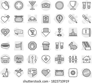 Editable thin line isolated vector icon set - dollar pin, equalizer, wineglass, medical cross vector, monitor pulse, hat, brick, dome house, location details, important flag, warehouse, ring button
