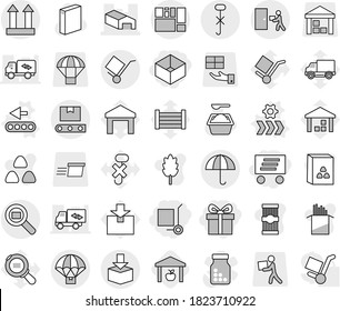 Editable thin line isolated vector icon set - gift, box, delivery, cargo stoller, warehouse, consolidated, trolley, dry, top sign, do not hook, courier, package, search, transporter tape, parachute