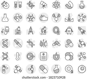 Editable thin line isolated vector icon set - dna vector, artificial insemination, pipette, pill, recipe, flask, potion bottle, virus, biohazard, kidneys, satellite, acid, atom, core, magnetic field
