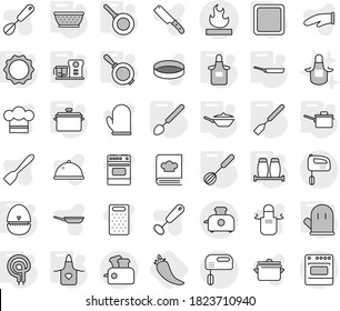 Editable thin line isolated vector icon set - flammable, pan, saute, colander, apron, cook glove, cutting board, egg timer, whisk, spatula, big spoon, elecric oven, induction, salt pepper, hot, hat
