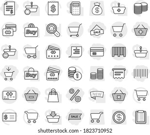 Editable thin line isolated vector icon set - add to cart, credit card, account balance, basket, remove from, delete, shopping list, sale, percent, bar code, atm receipt, vector, coin stack, dollar