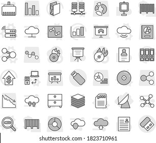 Editable thin line isolated vector icon set - presentation, satellite antenna, share vector, server, cloud service, data transfer, analytics, sd card, search, cd, archive, personal information, big