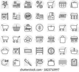 Editable thin line isolated vector icon set - basket, shop, store, market, shopping bag, sale, percent, bar code, cashbox, signboard, mall, cart, pen vector, dollar coin, credit card, office, wallet