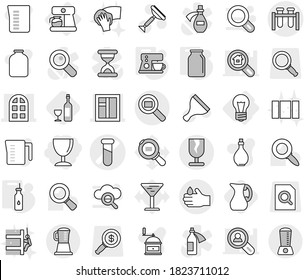 Editable thin line isolated vector icon set - wineglass, test vial vector, window, arch, fragile, acid, cargo search, bulb, coffee maker, vegetable oil, bank, jug, wine, scraper, clean, wiping, jar