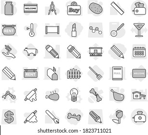 Editable thin line isolated vector icon set - pencil, lipstick, bone, fence, welcome mat, bulb vector, robot hand, skimmer, bank, potato, chicken leg, cow, fork, harvest, rolling pin, thermometer