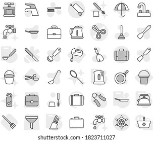 Editable thin line isolated vector icon set - scissors vector, suitcase, handwheel, bucket, mixer, pan, kettle, ladle, knife holder, fork, plunger, broom, water tap, fetlock, toilet brush, duster