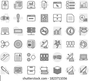 Editable thin line isolated vector icon set - shop signboard, list, info, escalator, satellite antenna, vector, projector, cd, pen, notebook pc, document, archive, personal information, laptop graph