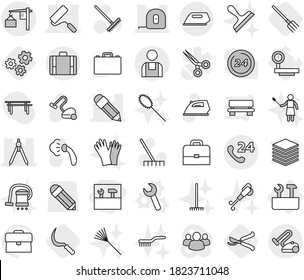 Editable thin line isolated vector icon set - tools, pencil, measuring tape, repair, drawing compasses, phone 24, loading, workman, suitcase, wrench vector, fork, sickle, gears, pruner, rake, iron