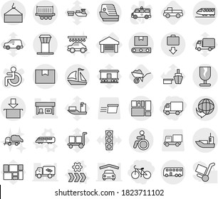 Editable thin line isolated vector icon set - delivery, bike, gas station, sea shipping, truck, loading crane, package box, consolidated cargo, fragile, transporter tape, train, bus, sail boat, port