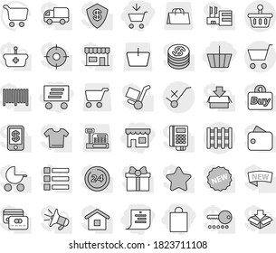 Editable thin line isolated vector icon set - add to cart, basket, shop, shopping list, bag, delivery, do not trolley sign, pallet, vector, cashbox, gift, credit card, dollar coin, wallet, star, new
