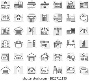 Editable thin line isolated vector icon set - tower, project, cottage, building, skyscraper, mall, lighthouse, hangare, university, district, pyramid, windmill, fort, gothic architecture, city, home