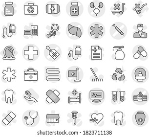 Editable thin line isolated vector icon set - medical cross vector, ambulance star, label, stethoscope, pills bottle, hospital, monitor pulse, tomography, kidneys, liver, flag, syringe, mirror, rake