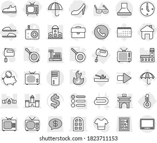 Editable thin line isolated vector icon set - home, phone, tv, shoes, castle, mansion, arch, drawbridge, window, thermometer, mixer, slippers, pan, fire, soil cutter, towel, vector, glasses, case