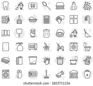 Editable thin line isolated vector icon set - bin, cleanser, tooth implant vector, washing, scoop, filter, cleaner trolley, mop, sponge, towel, trash, window cleaning, welcome mat, toilet, shining