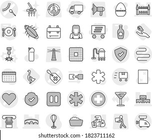 Editable thin line isolated vector icon set - delivery, medical cross vector, ambulance star, heart, label, sperm, intestines, column, modern architecture, block wall, gothic, bridge, protected, cpu