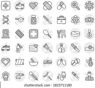 Editable thin line isolated vector icon set - medical cross vector, ambulance star, heart, thermometer, pipette, crutch, pill, pills bottle, head reflector, car, helicopter, sperm, hat, lungs, atom