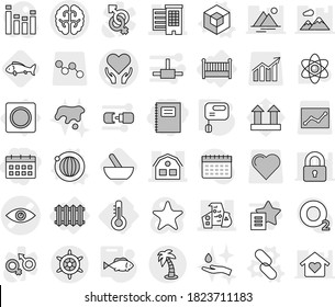 Editable thin line isolated vector icon set - copybook, calendar, eye vector, brain, health care, houses, modern architecture, house, palm, handwheel, thermometer, crib, radiator, ring button, orbit