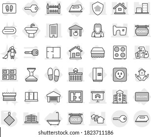 Editable thin line isolated vector icon set - skyscraper, houses, slum, modern architecture, panel house, building, presentation, university, gothic, plan, key, home, sink, bath, power socket, iron
