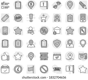 Editable thin line isolated vector icon set - add to cart, dollar pin, percent, star, info, geo, important flag, mobile location, terms, clipboard, pen, protected, checking, map, pets, grill oven