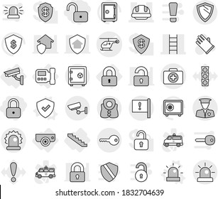 Editable thin line isolated vector icon set - lock, unlock, doctor case vector, ambulance helicopter, stairs, building helmet, important flag, alarm, security man, surveillance, key, safe, shield