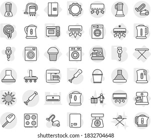 Editable thin line isolated vector icon set - air conditioning, iron board, washing machine, fridge, bucket, coffee maker, kettle, kitchen scales, handle, grill oven, gas, elecric, induction, washer