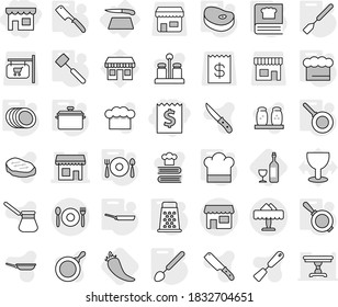 Editable thin line isolated vector icon set - receipt, shop, cafe, restaurant, cutting board, pan, cook hat, chief, spatula, big spoon, chef knife, meat hammer, cooking book, plates, fork plate