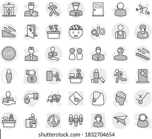 Editable thin line isolated vector icon set - hand coin, broken vector, under construction, client, support manager, customs, control, do not trolley sign, courier delivery, security man, workman