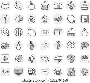 Editable thin line isolated vector icon set - market, left arrow, crutch vector, monitor pulse, sperm, leafs, hospital recieption, dome house, greenhouse, flower bed, stadium, location details, pear
