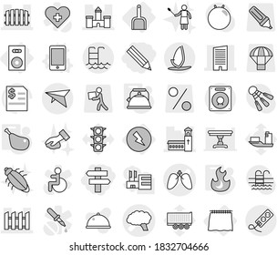 Editable thin line isolated vector icon set - pencil, singlepost, lungs vector, brain, castle, skyscraper, church, fence, deltaplane, pool, windsurfing, curtain, electricity, speaker, scoop, phone