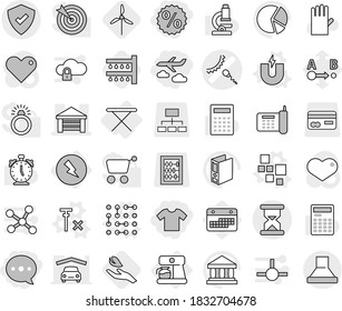 Editable thin line isolated vector icon set - percent, balloon, journey, t shirt, sperm vector, garage, protected, sand clock, electricity, iron board, coffee maker, blocks, magnet, circuit, alarm