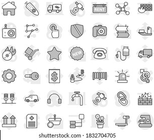 Editable thin line isolated vector icon set - ship vector, delivery, car, receipt, cargo, top sign, protected, big scales, barcode, route, music hit, camera, radio, satellitie, remote control, link