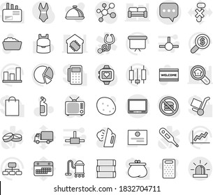 Editable thin line isolated vector icon set - sms, vacuum cleaner vector, welcome mat, steaming, foam basin, cleaning agent, grater, dish, potato, book, backpack, certificate, graph, pie, hierarchy