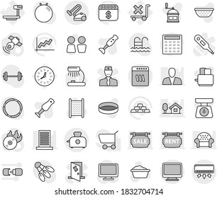 Editable thin line isolated vector icon set - foam basin vector, washboard, water closet, colander, scales, hand mill, toaster, blender, sieve, table lamp, graph, calculator, dollar calendar, pool